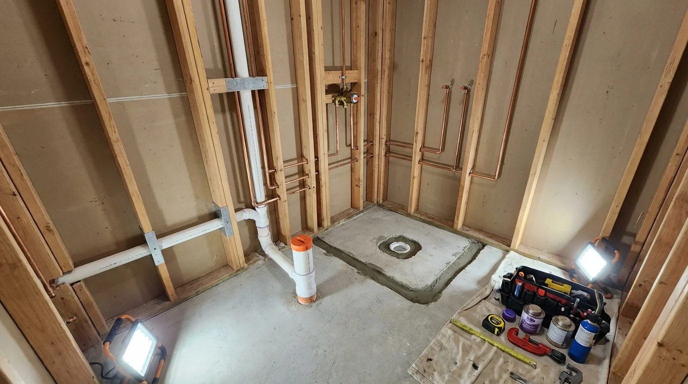 Bathroom rough-in plumbing during remodel by Johns Plumbing LLC in Papillion