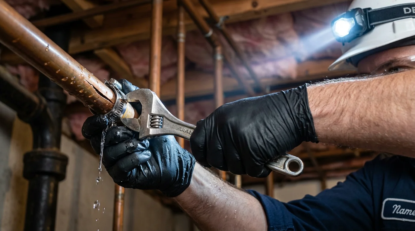 Emergency pipe clamp repair being performed by a Johns Plumbing LLC plumber in Papillion