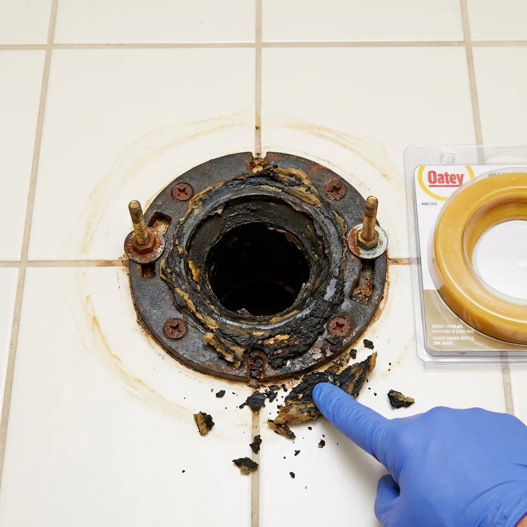 Failed wax ring showing water seepage at the base of a toilet in a Papillion, NE home