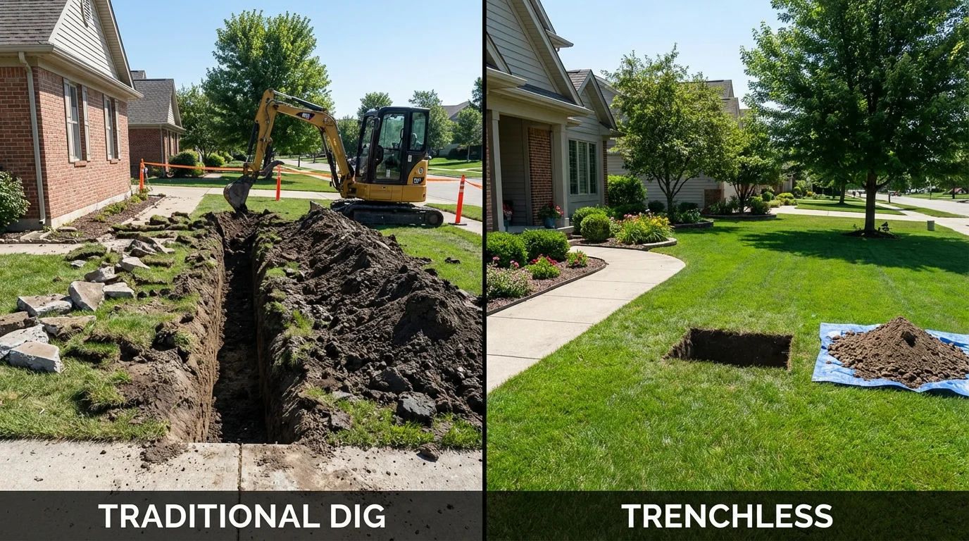 Trenchless sewer repair with minimal yard damage versus traditional excavation in Papillion, NE