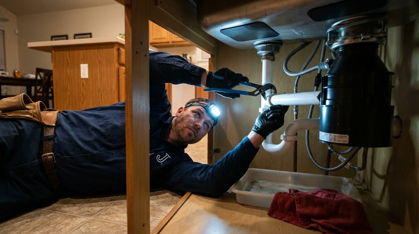 P-trap and supply line connections under a kitchen sink showing a common leak point in Papillion, NE